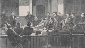 "Jurors Listening to Counsel, Supreme Court", New York City Hall, New York (Júri ouvindo um advogado, Suprema Corte, Prefeitura de Nova Iorque, Nova Iorque). Desenhado por Winslow Homer, 1869. Imagem via Met Museum.