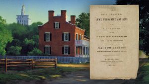 "Heber C. Kimball Home Summer" (Pintura da casa de Heber C. Kimball em Nauvoo) por Al Rounds. Imagem da Carta Constitutiva de Nauvoo da Biblioteca do Congresso.