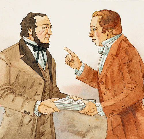 Joseph Smith entregando a Martin Harris as 116 páginas do manuscrito. Imagem via lds.org 