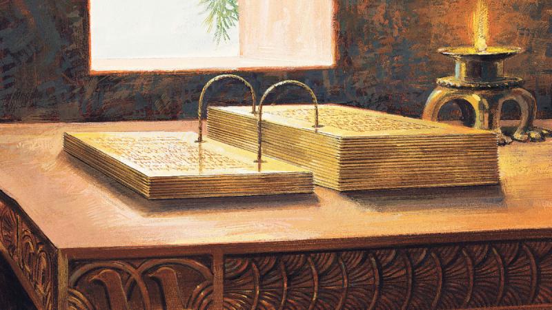 Uma pintura retratando as Placas de Ouro, por Jerry Thompson. Imagem via lds.org