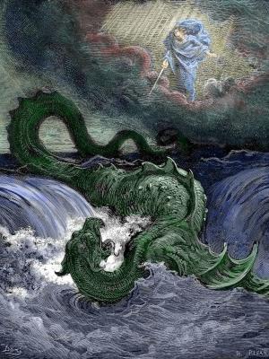 Deus como um guerreiro divino conquistando o caos das águas durante a Criação. Imagem de Gustave Dore