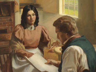 Emma servindo como escrivã para Joseph durante a tradução do Livro de Mórmon. Pintura via lds.org