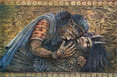 A Epopeia de Gilgamesh, do Antigo Oriente Próximo, contém exemplos de quiasmo. Pintura de Gilgamesh e Enkidu. Artista desconhecido.