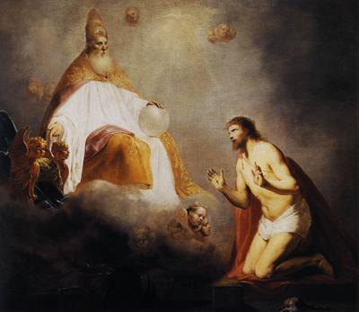 Deus convidando Cristo para sentar-se no trono à sua direita, por Pieter de Grebber (1645) via Wikimedia Commons