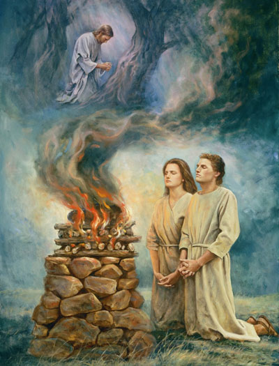 Adão e Eva oferecendo sacrifícios, por Del Parson