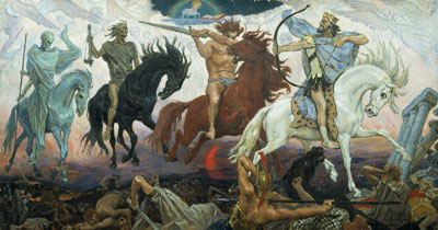 No final dos tempos, Cristo virá com dardos e flechas para salvar os justos e destruir os ímpios. "Quatro Cavaleiros do Apocalipse", de Viktor Vasnetsov. Imagem via Wikimedia Commons