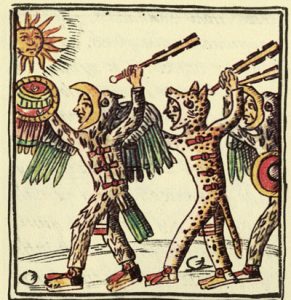 Guerreiros astecas vestidos com peles de animais. Desenho do Códice Florentino via Wikimedia Commons