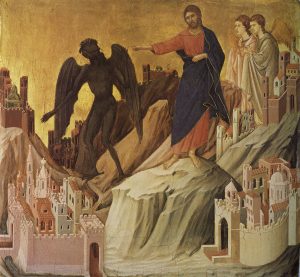 A Tentação de Cristo na Montanha, por Duccio di Buoninsegna.