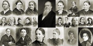 Brigham Young com várias esposas. Imagem via Book of Mormon Central