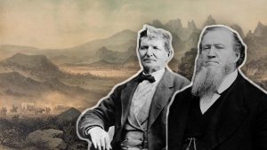 Carroções em viagem, momentos antes do massacre de Mountain Meadows, com retratos de John D. Lee y Brigham Young.