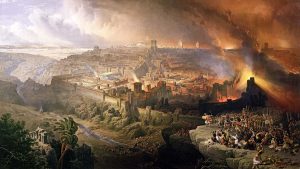 The Siege and Destruction of Jerusalem by the Romans Under the Command of Titus, A.D. 70 (O cerco e a destruição de Jerusalém pelos romanos sob o comando de Tito, 70 d.C.) Pintura de David Roberts, 1850 via Wikimedia Commons.