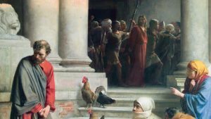 Ilustração em que Pedro desvia o olhar enquanto Cristo passa pelas mãos de seus acusadores. Desenhos de Carl Bloch